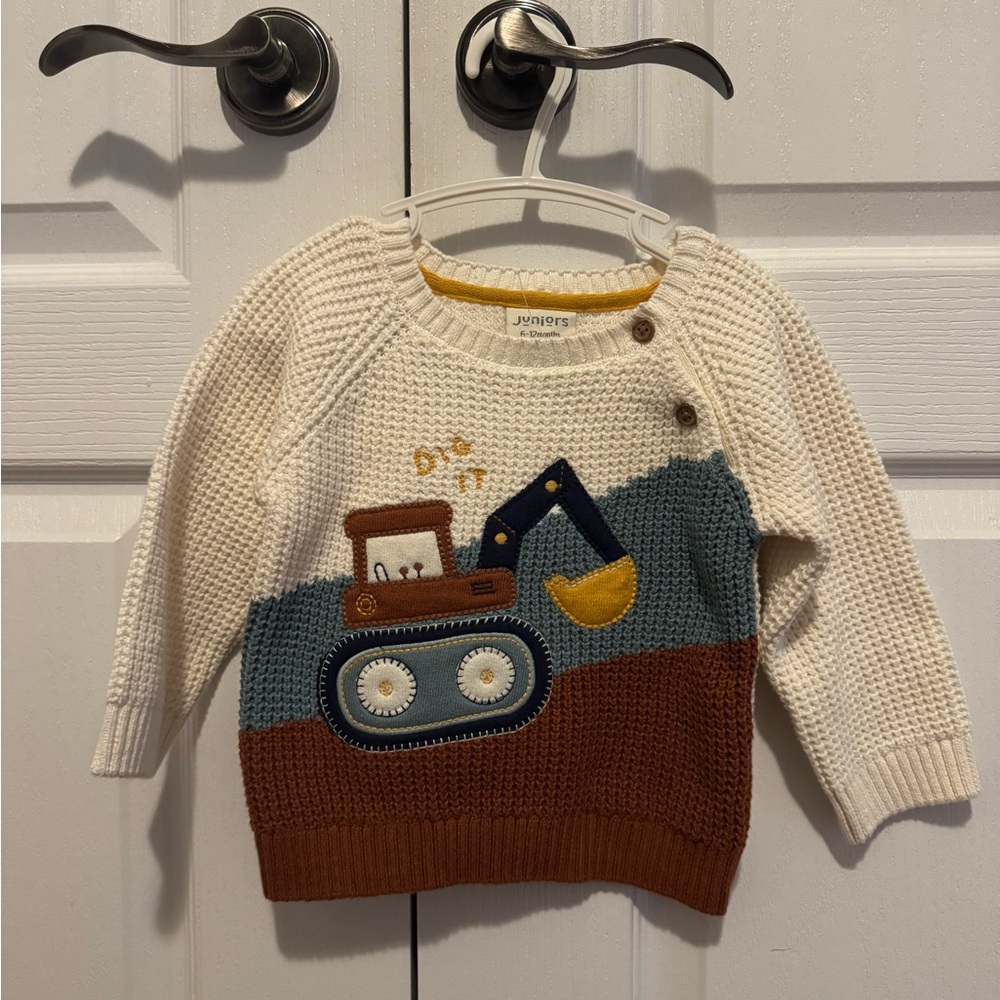 Baby Cream and Brown Sweater with Excavator Design